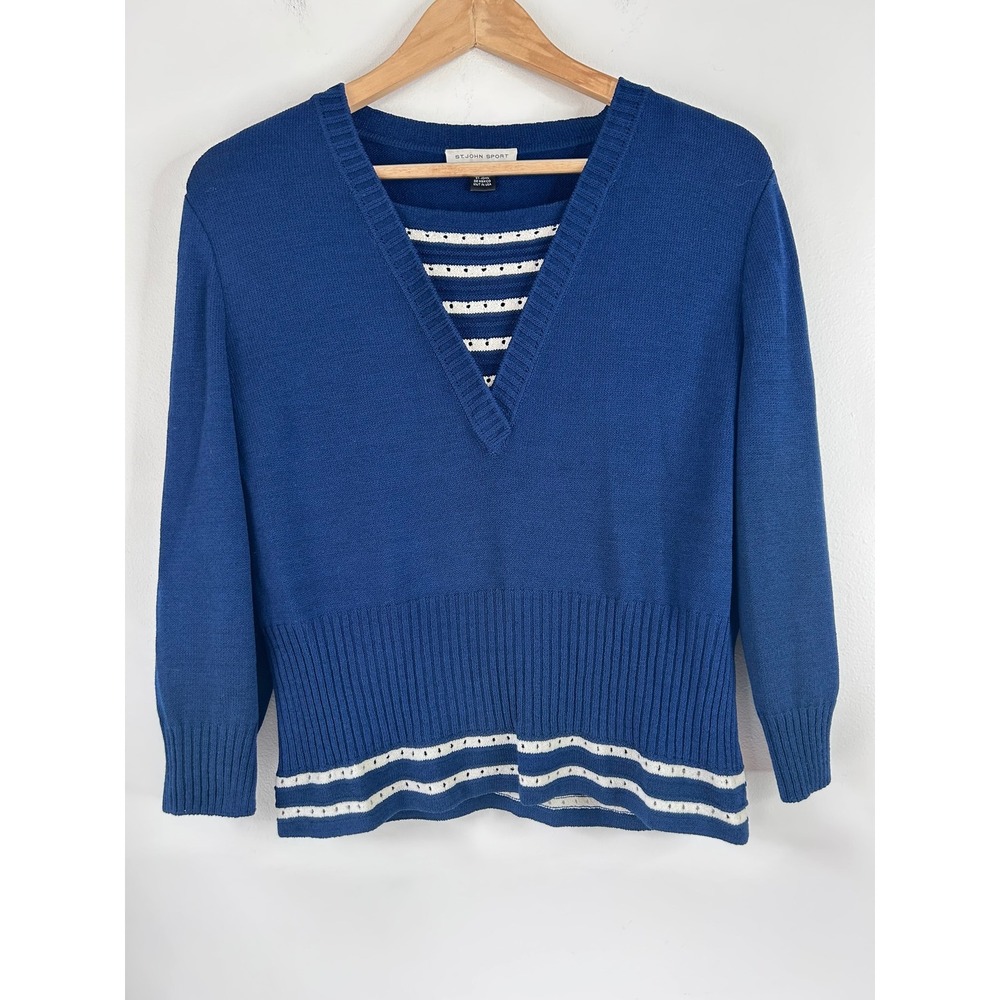 St John Sport Santana Knit V Neck Sweater Top‎ Womens S Luxury Nautical USA Made